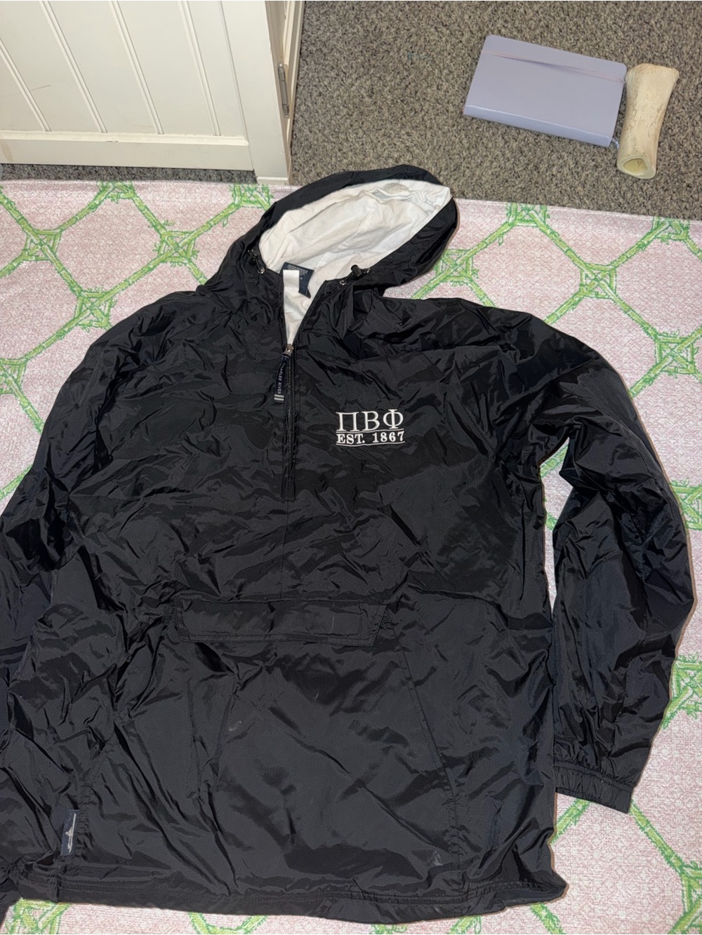 Pi Beta Phi Black Hooded Windbreaker Jacket with Embroidered Crest